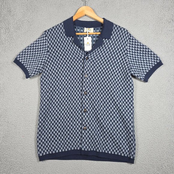 Marine Layer Sweater Shirt Mens Size Small Blue Geo Asher Print Button Down NWT - Picture 1 of 11